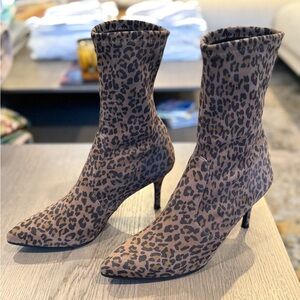 Stuart Weitzman Brown Leopard Heeled Sock Boots